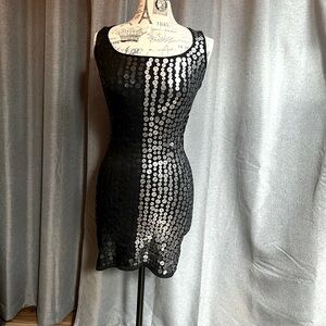 Never worn, clingy, black & silver sequined dress.